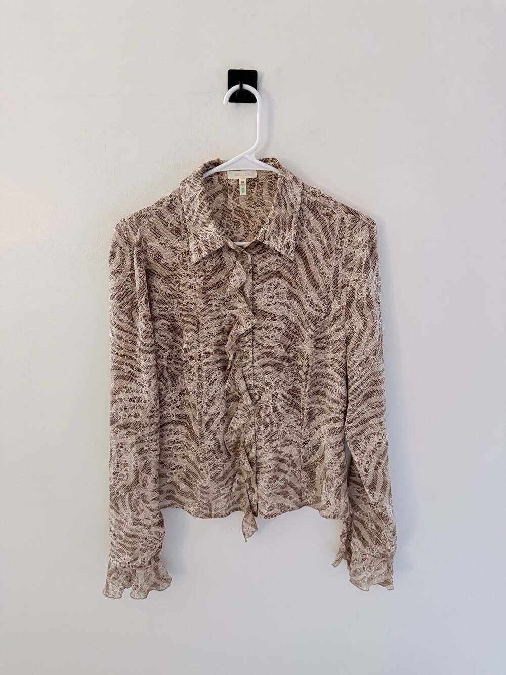 Vintage Escada Tan Brown Sheer Zebra Animal Print Ruffle 100% Silk Blouse-Size S